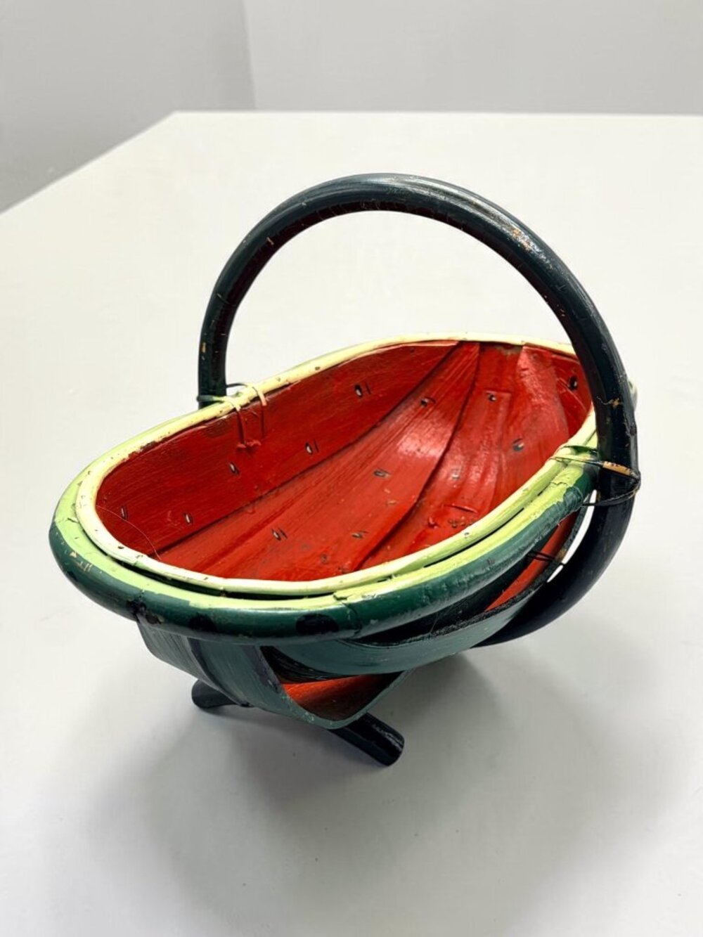 Vintage Hand Painted Watermelon Wood Basket Handle Folk Art Farmhouse Decor 15"